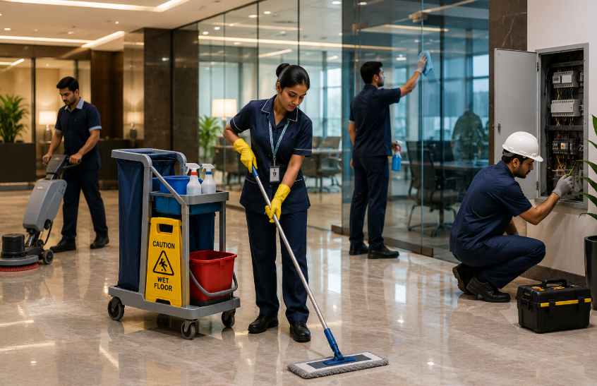 Facility management housekeeping team at a Bengaluru client site